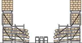 A typical pick module system with span track in pallet rack leading to a conveyor take away.