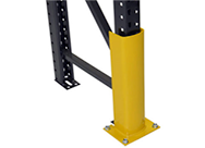 Column guard protecting front column of pallet rack upright.