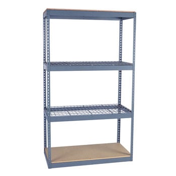 Section of boltless rivet shelving with four shelves.