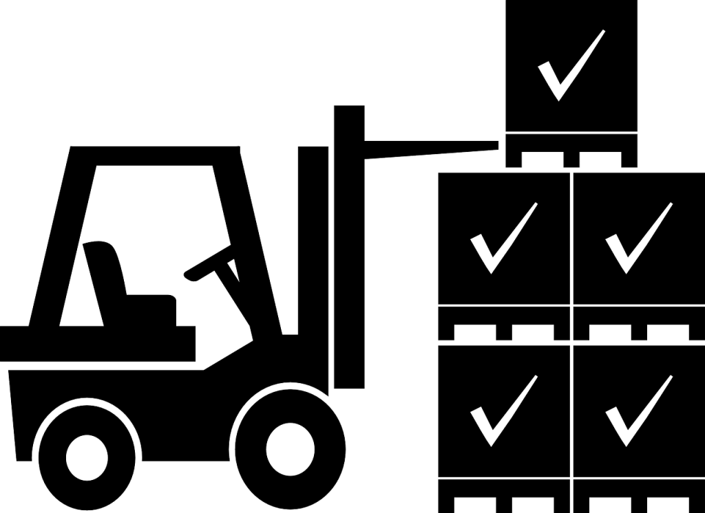 Graphic depicting a forklift picking loaded pallet from a stack.