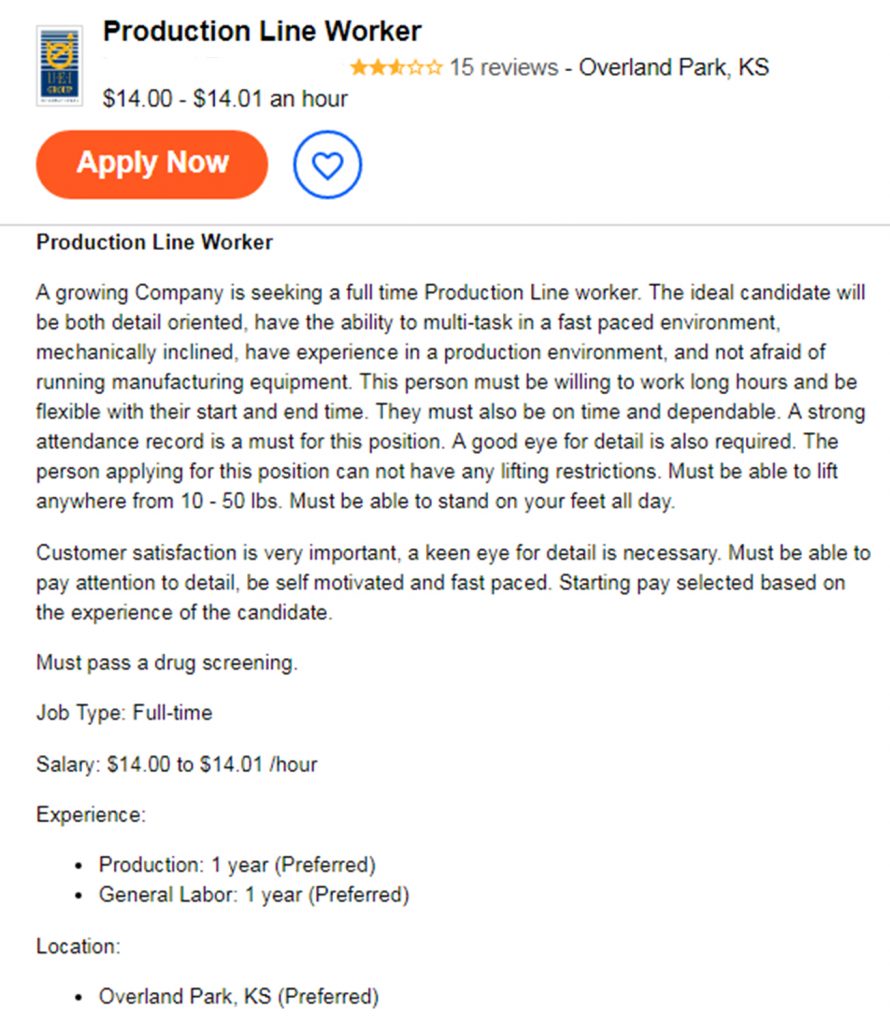 Job listing for a production line worker.