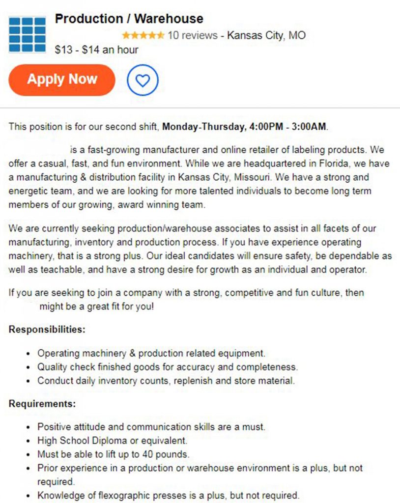 Job listing for a production employee in a warehouse.