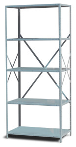 Section of industrial metal shelving with five shelves.