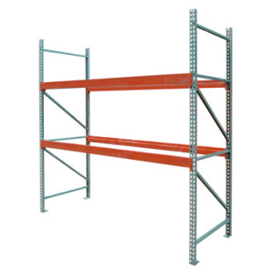 Section of teardrop pallet rack with two storage levels.