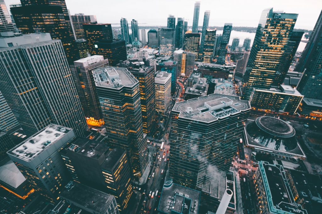 City scape with many skyscrapers.