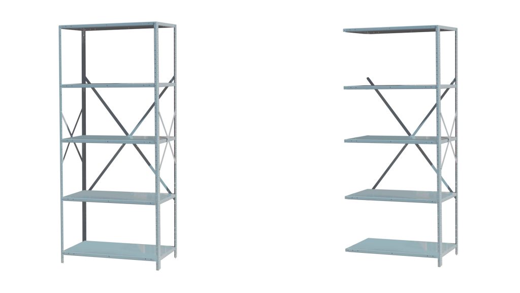 Industrial metal shelving starter section and adder section.