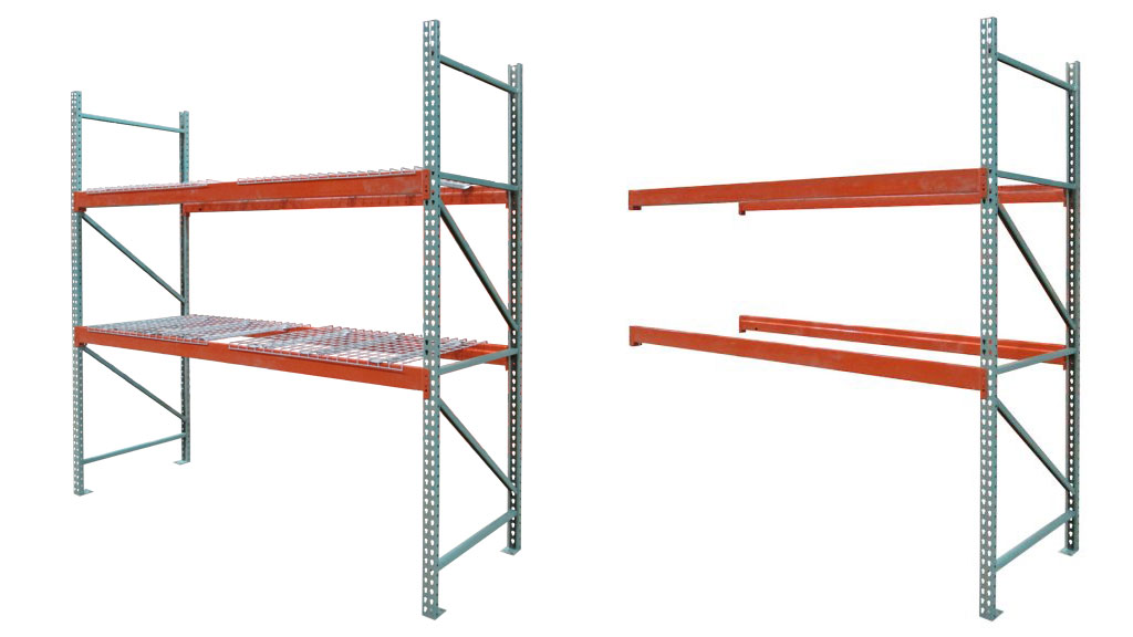 Two bays of pallet racking: on the right, a starter section, and on the left, an add-on section.