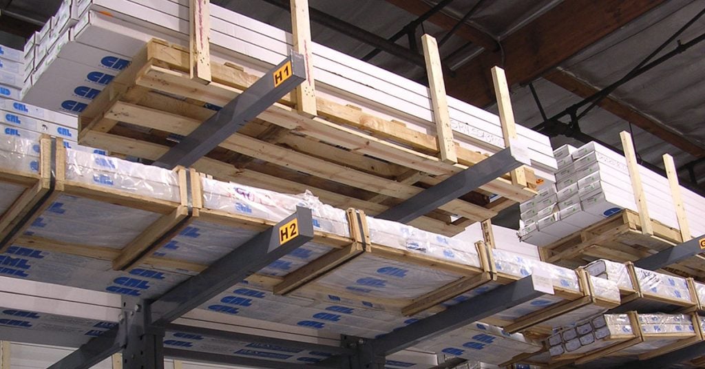 Cantilever rack arms holding long, bulky storage