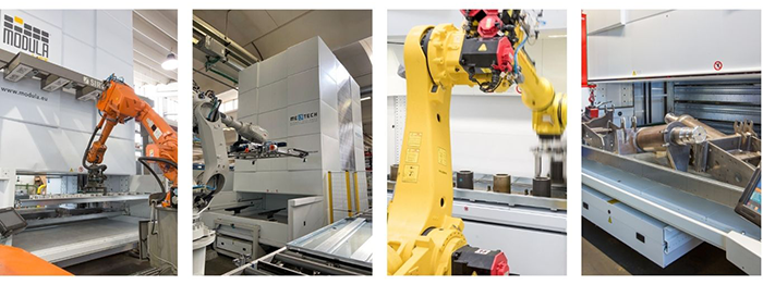 Four images of robotic arms picking from Modula VLMs