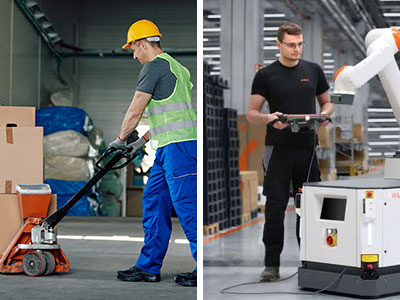 One employee operates a manual pallet jack while another an AMR
