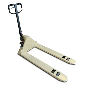 White pallet jack with black handle