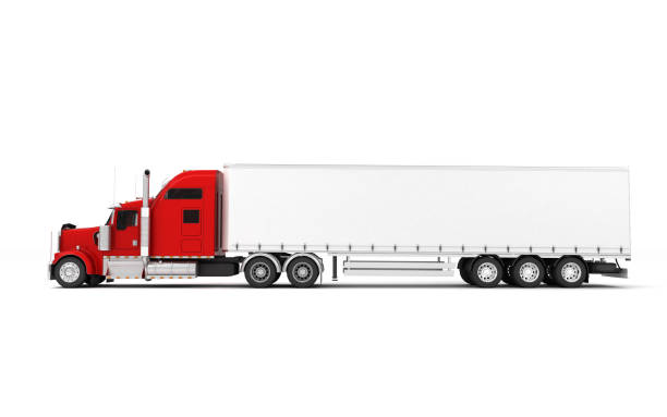Red semi truck with white trailer.