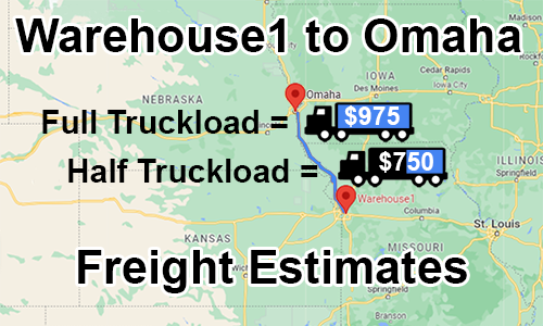 Map showing the freight estimates from our Kansas City location to Omaha.
