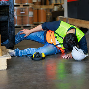 Warehouse worker falls and clutches knee.