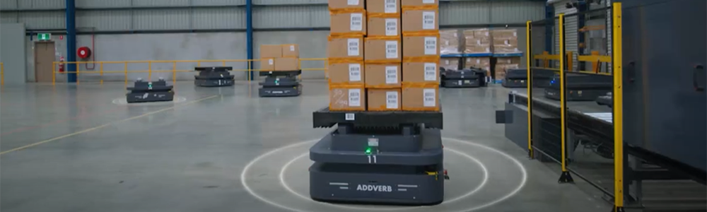 AMR machines move boxes of inventory in a warehouse