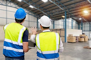 Two workers plan out a warehouse layout.