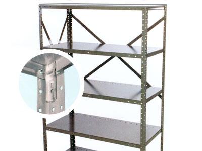 Metal industrial shelving unit with inset picture of a shelving clip.