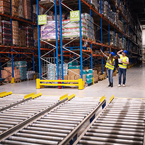 Two workers review a warehouse to make sure it is safe.