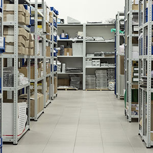 Shelves full of boxes of spare parts.