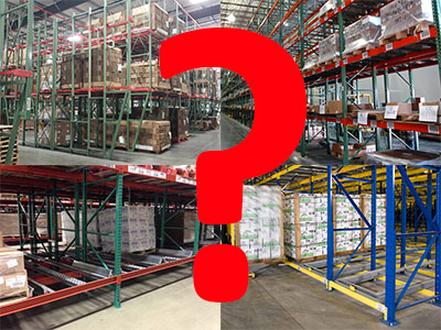 Examples of warehouse racking systems with a red question mark on top.