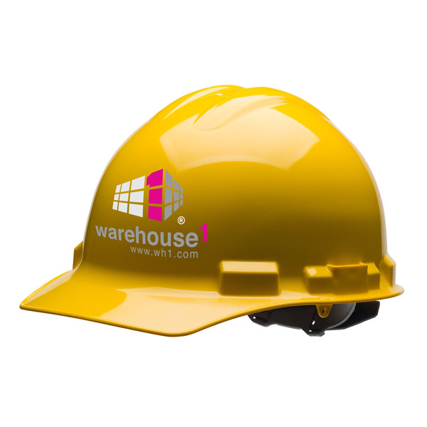 Hard hat with Warehouse1 logo on the front.