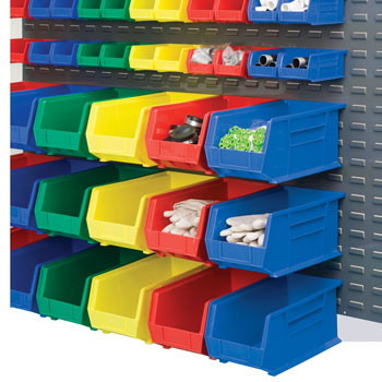 Many plastic bins hanging on a louvered panel.