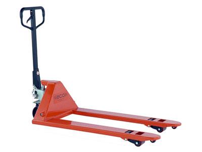 Orange pallet jack with a black handle.