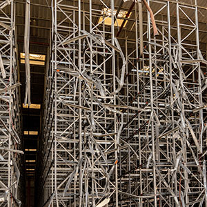 A collapsed pallet rack in a warehouse that should be removed for safety.