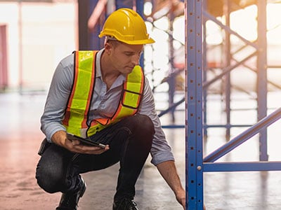 Warehouse worker inspects the base of some shelving.