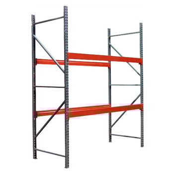 Empty orange and green pallet rack.