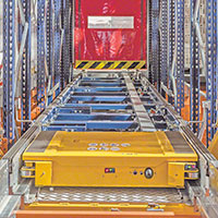 A pallet shuttle inside pallet rack system