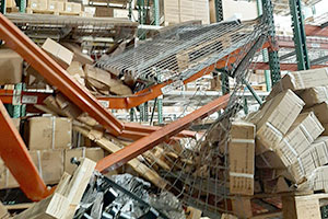 Collapsed pallet rack spills inventory.