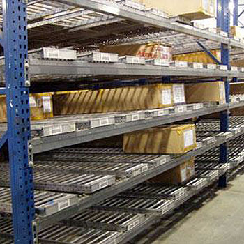 Span track set up on pallet rack storage levels.