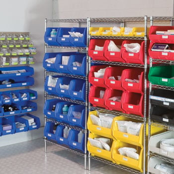 Wire shelves with plastic bins in an organized supply room.