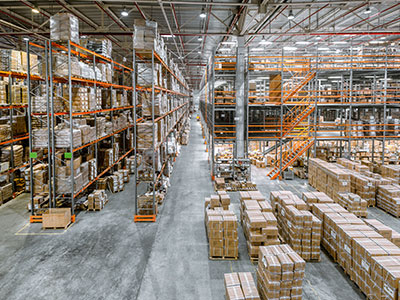 Example of pallet rack and mezzanine vertical storage in a warehouse.