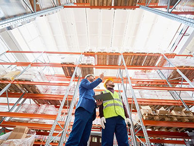 Two employees view vertical storage space in a warehouse. 