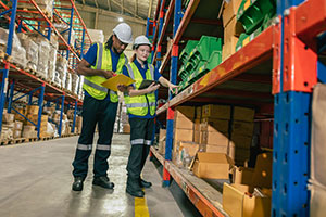 Two warehouse employees inspect a pallet rack system.