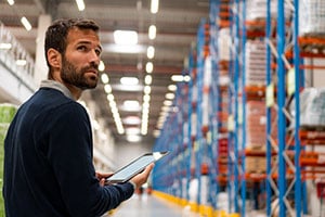 An employee analyzes his company’s warehouse slotting plan.