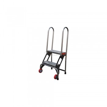 Lock and Roll Folding Ladders w/ Wheels - 2 Steps - Stainless Steel