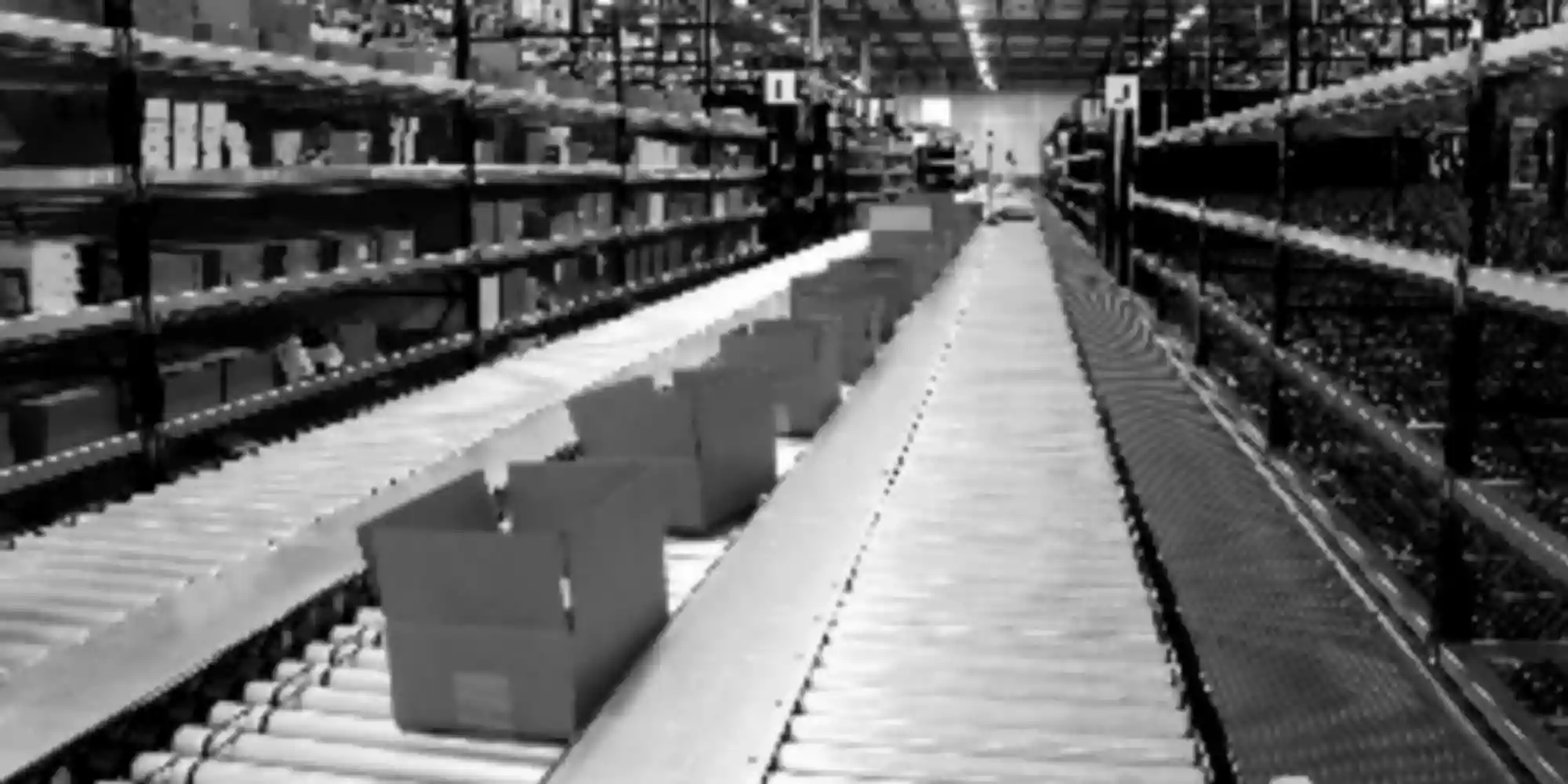 Pick module system in a warehouse with boxes on conveyor and gravity flow rack