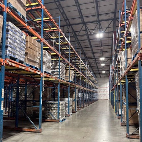 Aisle of pushback racking being liquidated Aisle of pushback racking being liquidated