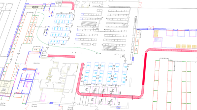 Layout design drawing of a warehouse showing conveyor, pallet rack and shelving