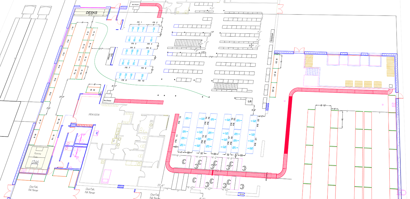 Layout design drawing of a warehouse showing conveyor, pallet rack and shelving
