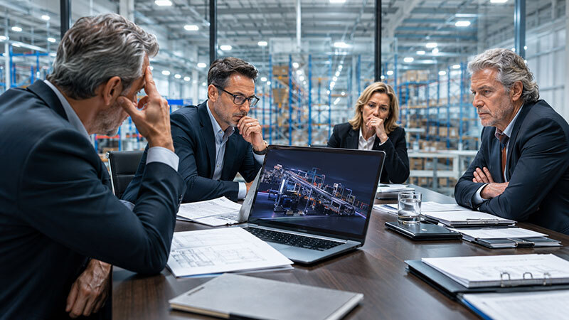 Four frustrated warehouse executives conference around a table