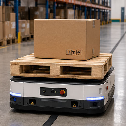 AGV operates on a magnetic strip down a warehouse aisle