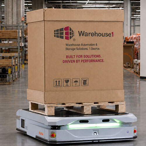 KUKA AMR carries a palletized load in a warehouse