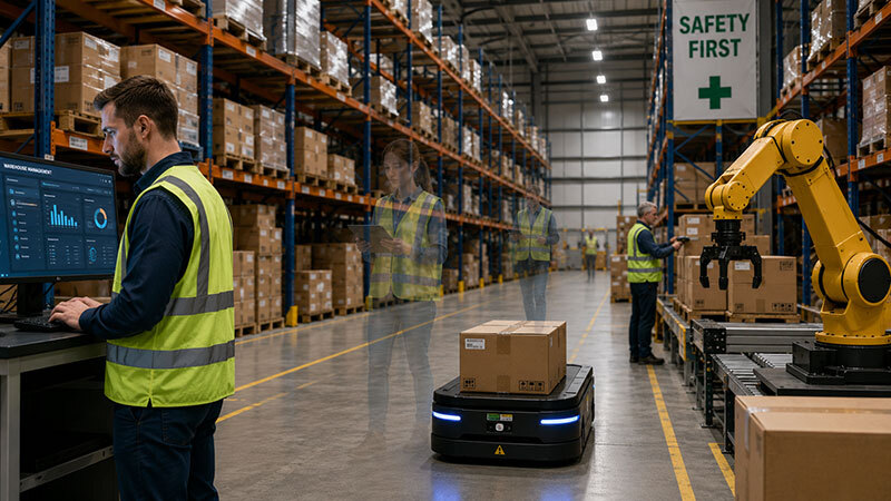 Warehouse employees fade away from the warehouse to depict job loss