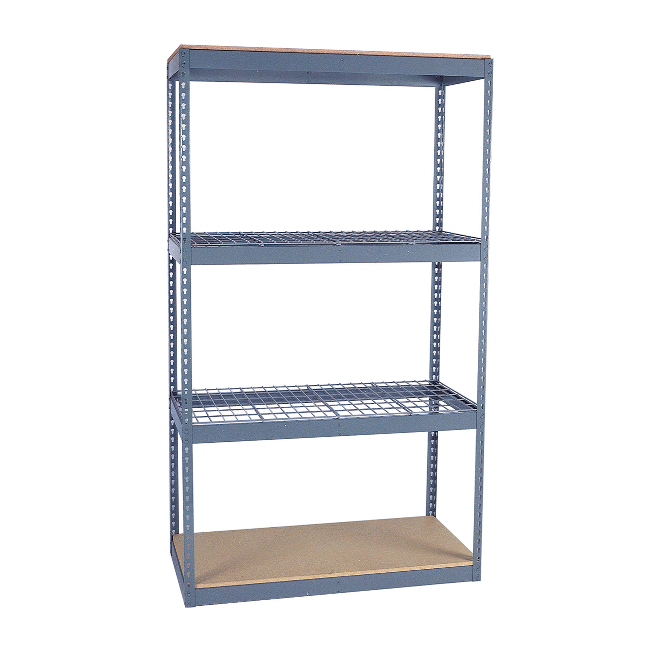 Section of boltless rivet shelving with four shelves.
