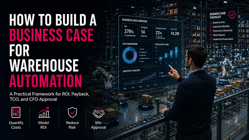 Warehouse employee checks digital charts while building a case for automation