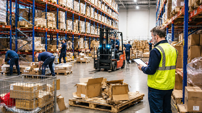 A chaotic warehouse with boxes and employees scattered throughout
